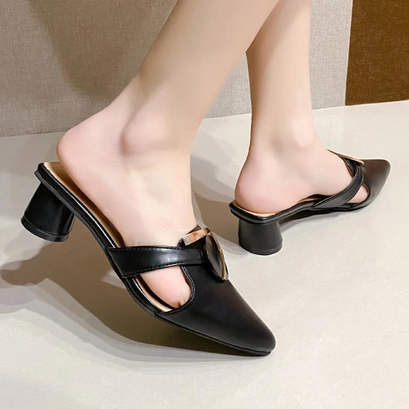 Women High Heels Slippers Pointed Toe Mules Shoes Elegant Pumps Woman Sandals 2025 Summer Dress Walking Female Zapatos
