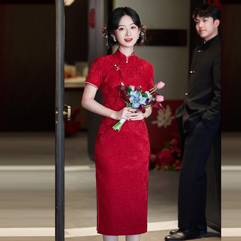 Elegant Red Cheongsam Dress Wedding Banquet Bridesmaid Engagement Return Home Ceremony