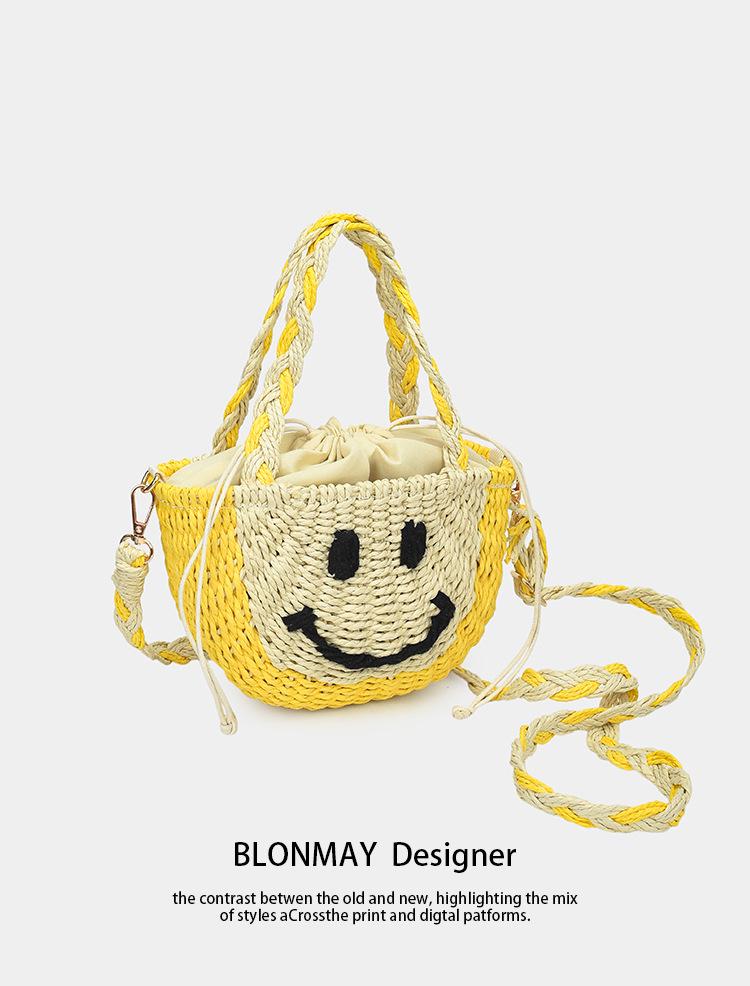 Korean Color Block Smiley Woven Bag - Versatile Casual Basket for Beach & Everyday Use
