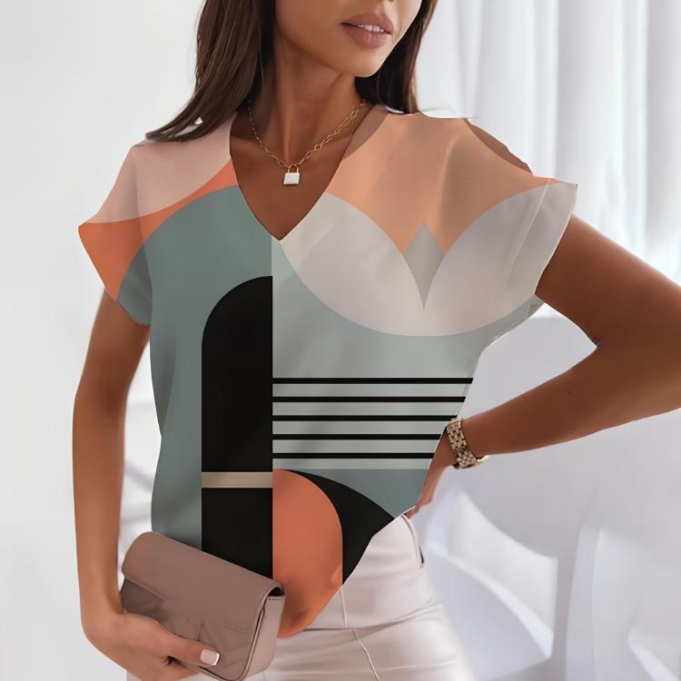 Bol Rahat Kadın V Yaka Kısa Kollu Tişört Nokta Küçük Baskılı Kazak Tarzı Harajuku Moda Üst Tişört Bayan