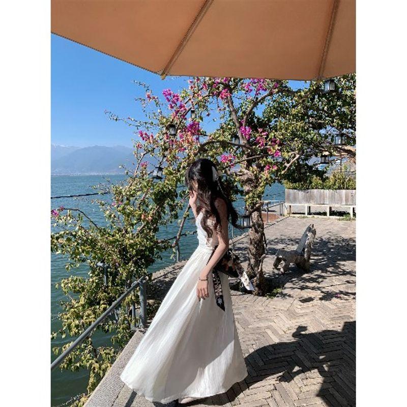 

Kumikumi Holiday Style White Tube Top One piece Dress Women clothing Summer Elegant Chic Waist Hugging Slimming Long dress White L