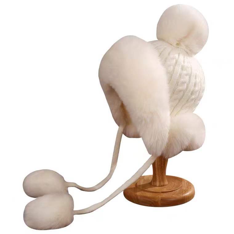 Snow Mountain Hat Women's Winter Ear Protection and Warm White Wool Hat Wool Ball Knit Lei Feng Hat Wear