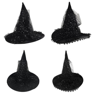 Cappelli da Strega per Festa di Halloween Pizzo Paillettes Volant Cappello a Punta Sheer Accessorio Cosplay Cappello da Strega Unico