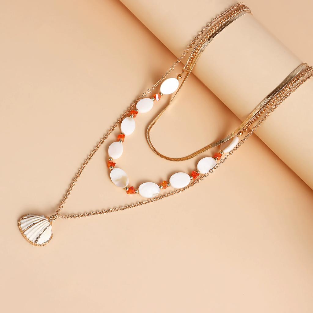 Ocean Wind Shell Multi-layer Stacked Necklace, Retro Vacation Oval Fritillary Beaded Necklace