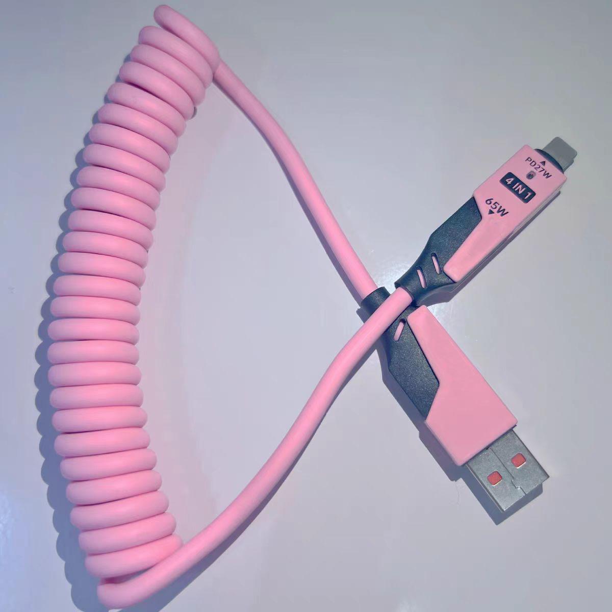 

65W Fast Charging Retractable Data Cable: 4-in-1 Car Charger for Apple & Huawei.