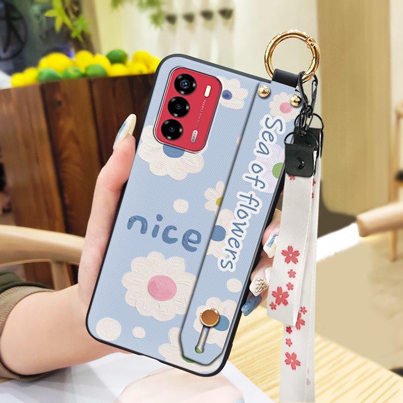 Durable Lanyard Phone Case For ZTE Blade V40 Vita/A72 Ring Anti-dust Fashion Design Silicone Kickstand Waterproof Flower
