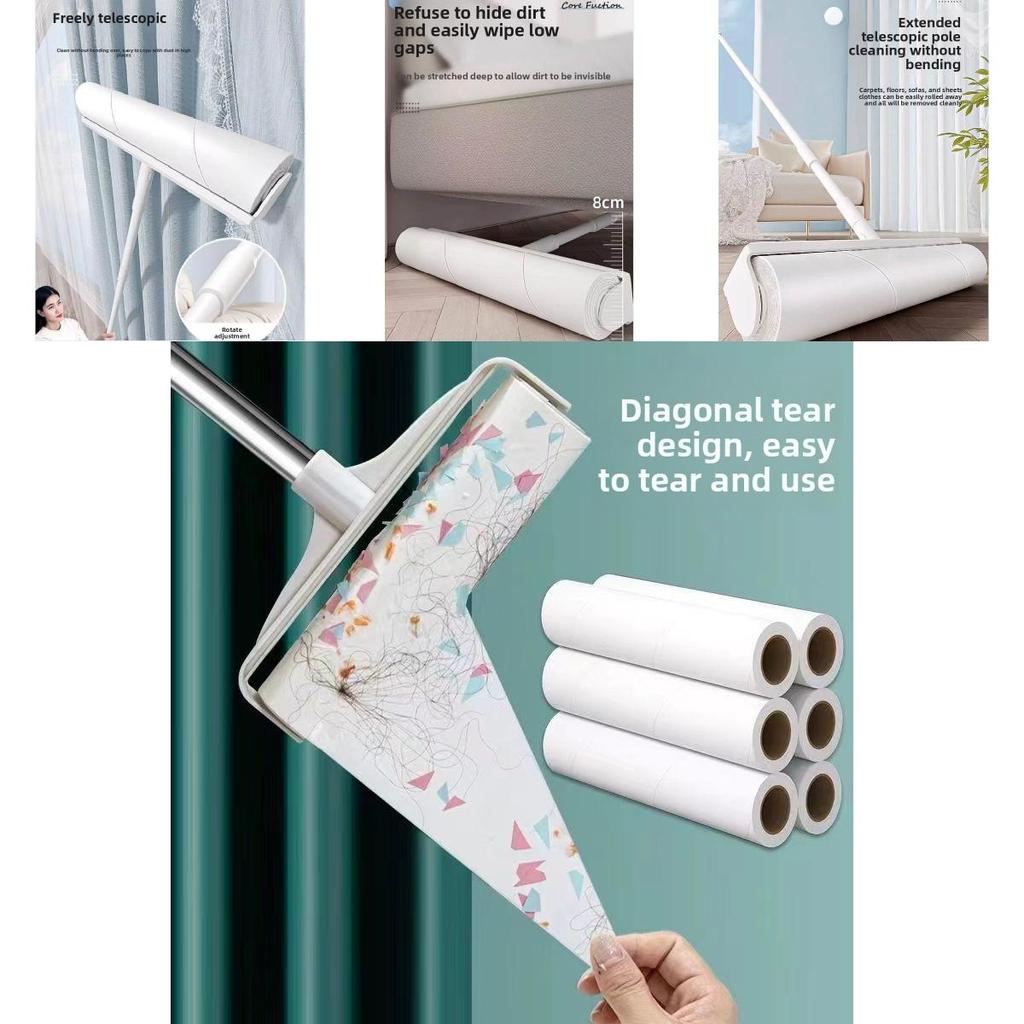 Rolo Pega-Fiapos Adesivo de Grande Capacidade Com Cabo Longo Para Limpeza de Pelos em Móveis e Tapetes