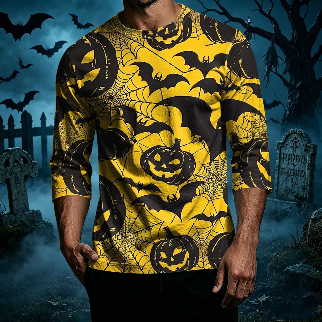 Men's Casual Halloween Print Crew Neck T Shirt Three Quarter Sleeve Top Lightweight Comfortable Fit Stylish Design