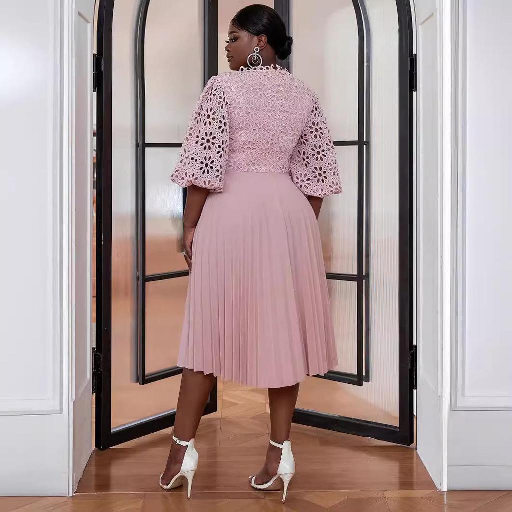 Plus Size Lace Lantern Sleeve Dress with Pleated Skirt - Christmas Gift