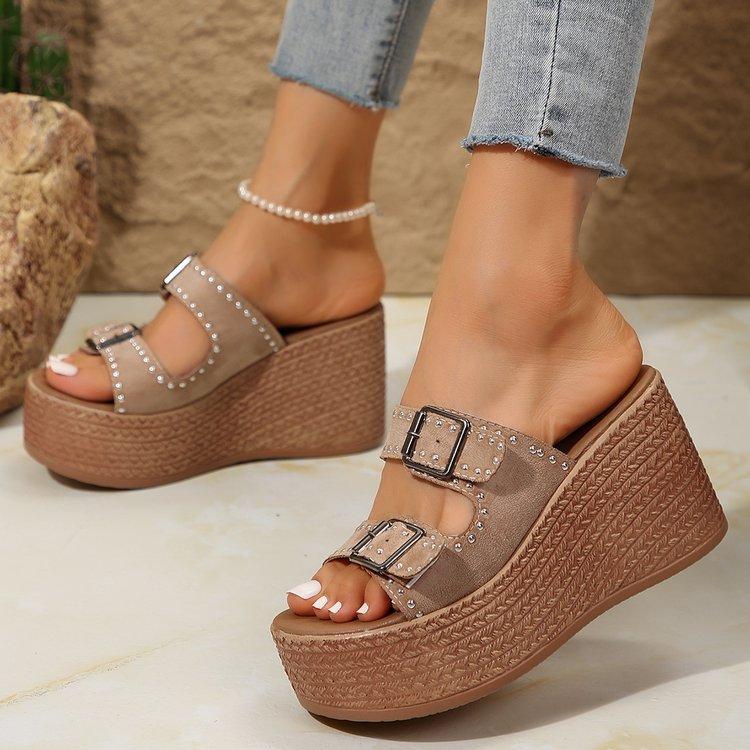 Women's Slippers Fashion Wedges Platform Sandals Retro Rivet Metal Buckle Slippers for Women Summer Open Toe Casual Beach Slides