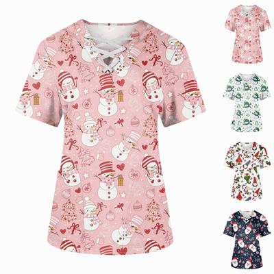 Plus SizePrinted Scrub Working Uniform Tops For Women's Cross V-Neck Halloween Print Short Sleeve Fun T-Shirts Workwear Tee With Pockets