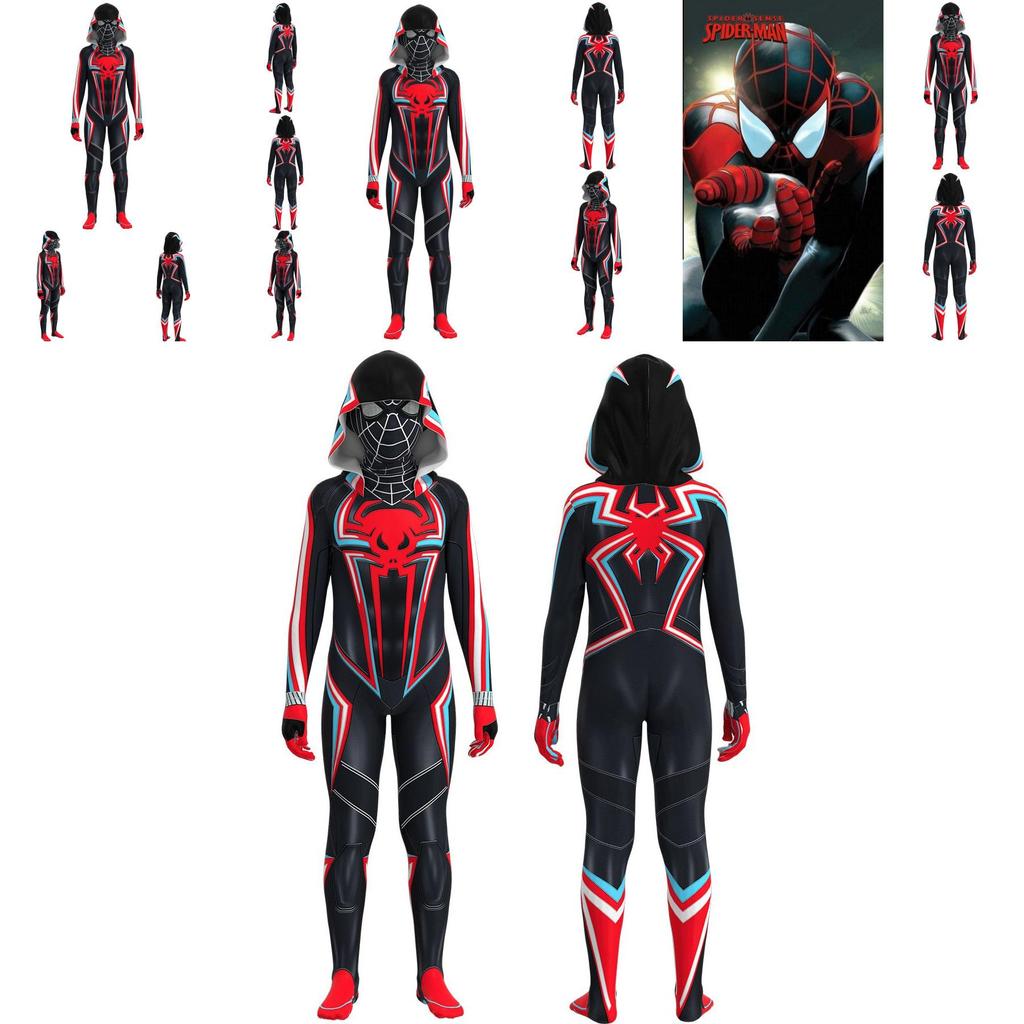 Schwarzes Spiderman-Cosplay-Kostüm, Kapuzenbody, Halloween-Karneval-Rollenspiel für Kinder und Erwachsene