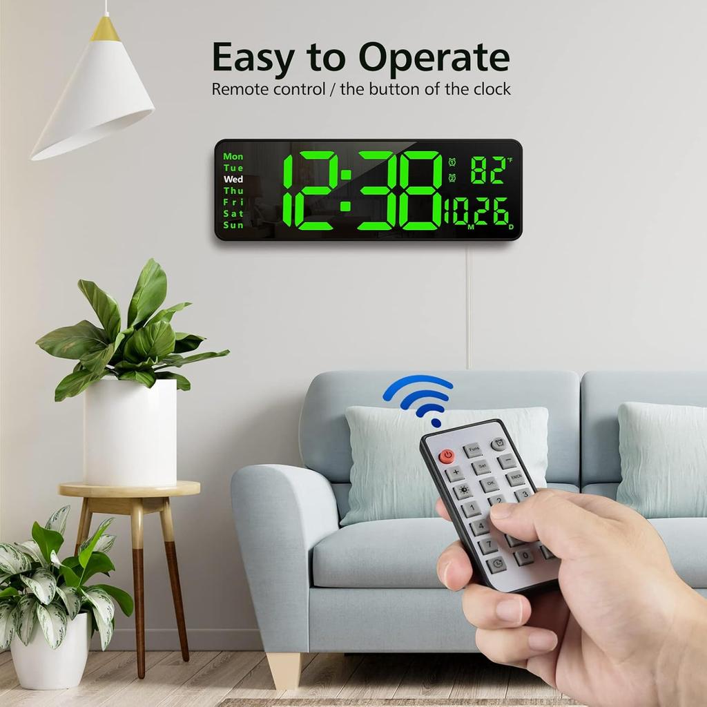 Digital Wall Clock Large Display with Remote Control, Display Digital Clock with Date, Indoor Temp, Brightness Dimmer LED Clock