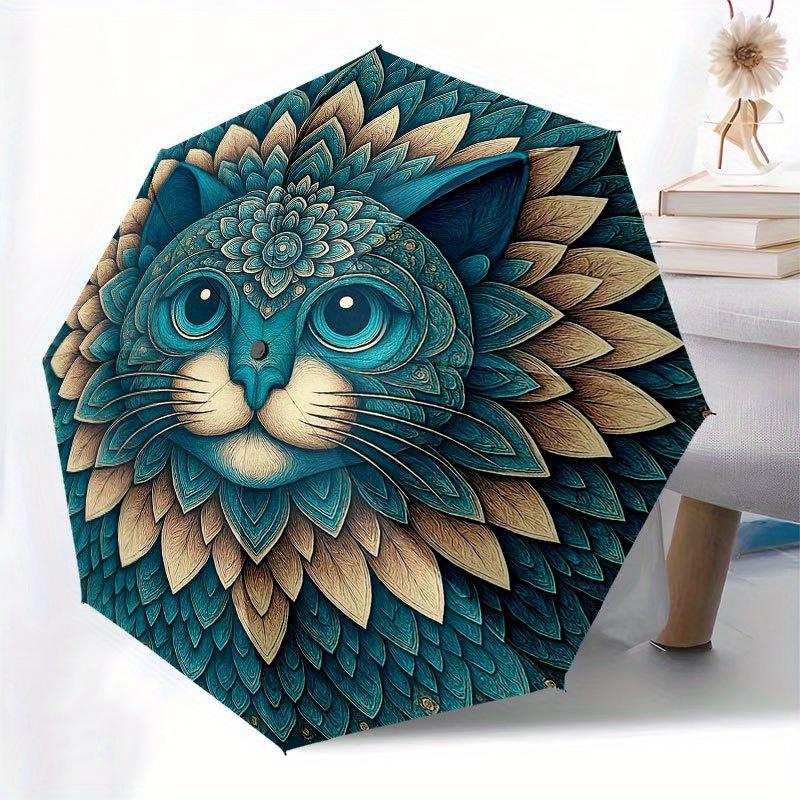 Floral Mandala Cat Wall Art Decor Umbrella, Portable 3-Fold Compact Umbrella for Men & Women R153
