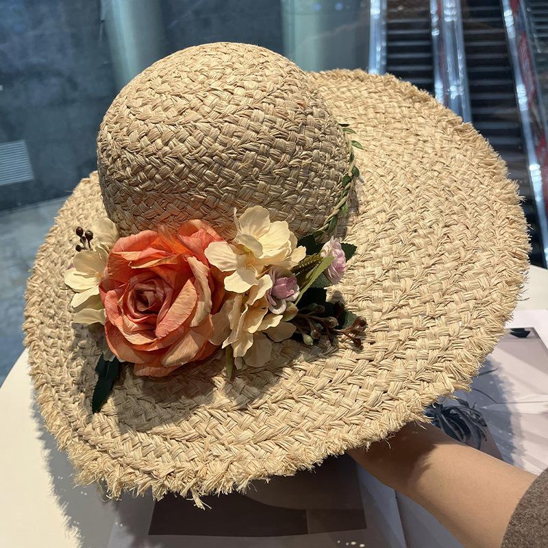 Handmade straw flower versatile sunshade sunscreen hat women's summer vacation seaside large brim breathable sun hat