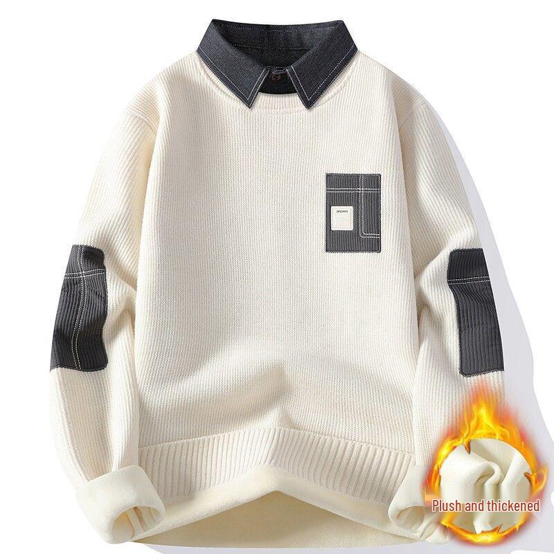 Herren Slim Fit Fleecegefütterter Zwei-in-Eins Hemdpullover – Koreanischer Stil Herbst/Winter Warme Basisschicht