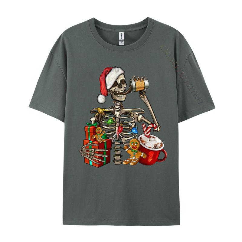 Christmas Skeleton With Smiling Skull Drinking Coffee Latte T Shirts Graphic Tshirt Hip Hop T Shirt Homme Cotton Oversized