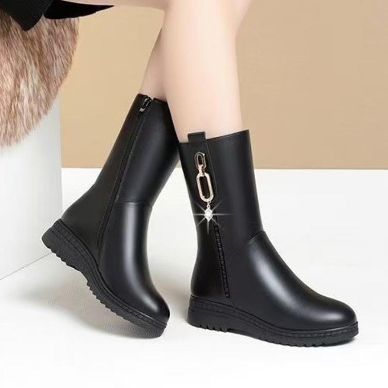 Women's medium boots autumn and winter new velvet cotton boots metal accessories black thick-soled wedge fashion boots