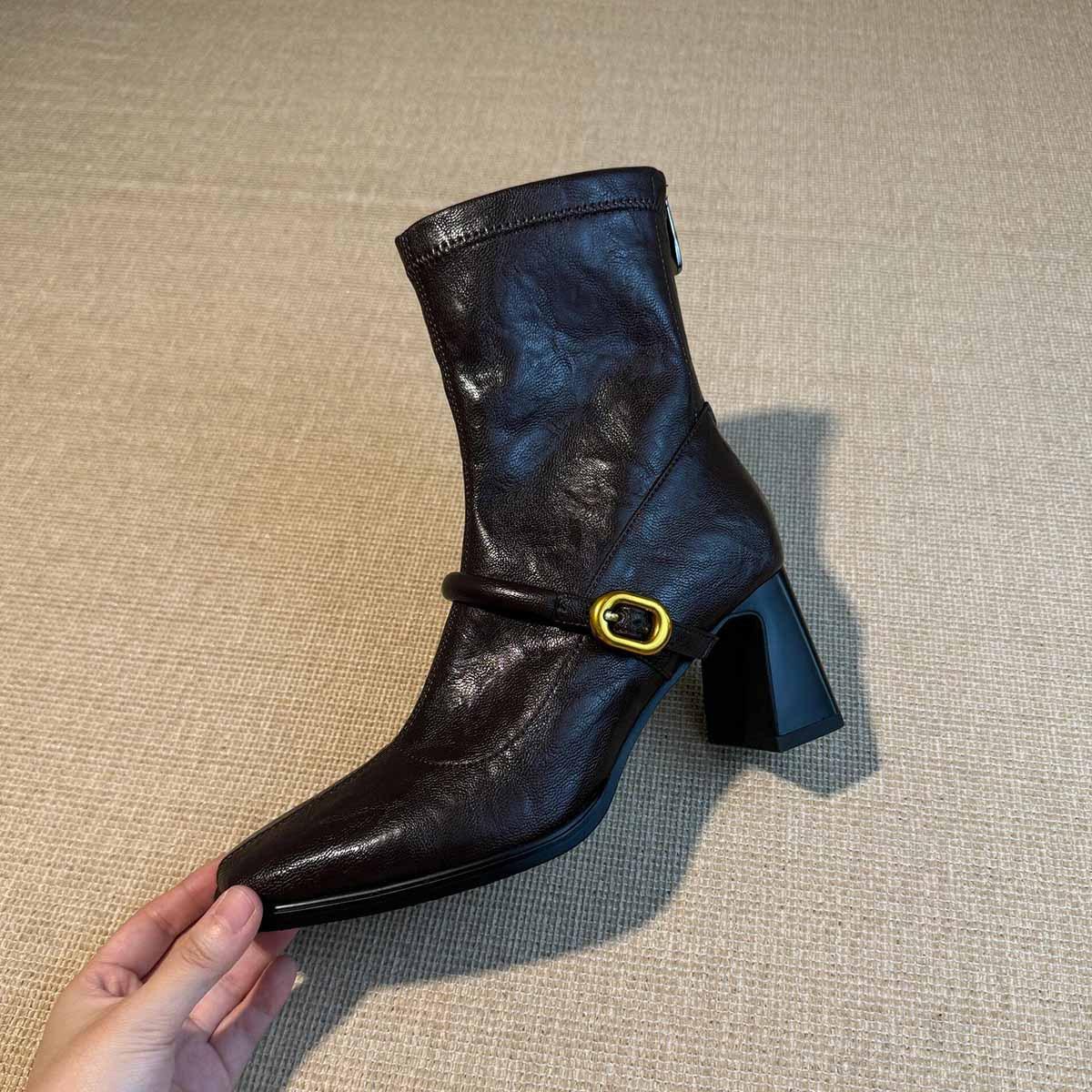 Square Head High Heel Skinny Boots Thick Heel Back Zipper Short Boots Elastic Fashion Boots 40
