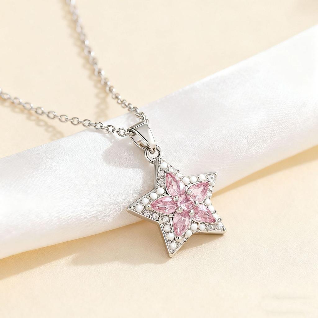 Korean‑Style Fashion Love‑And‑Five‑Pointed‑Star Pendant Women Necklace, New Versatile Zircon Micro‑Inlaid Stylish Women Jewelry