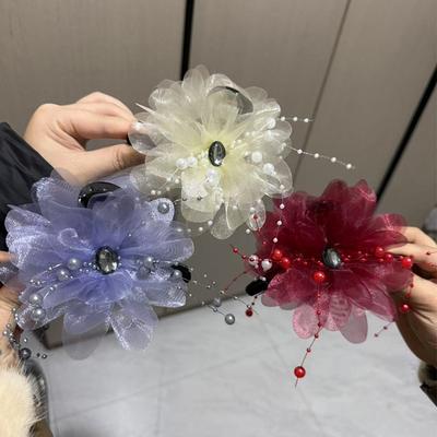 Elegant Temperament Peony Flower Feather Bead Tassel Grasping Clip Ponytail Shark Clip Women Headwear Hair Accessories