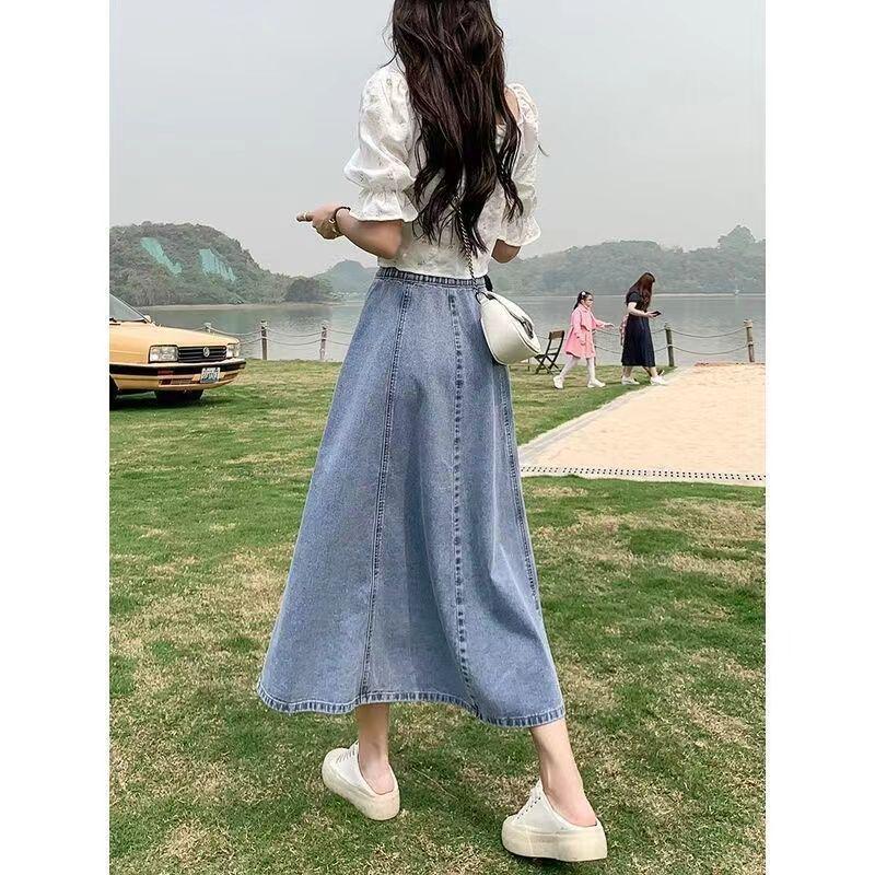 Plus Size Women's High-Waist A-Line Denim Skirt - Long, Slim, Fishtail Design for Summer and Autumn