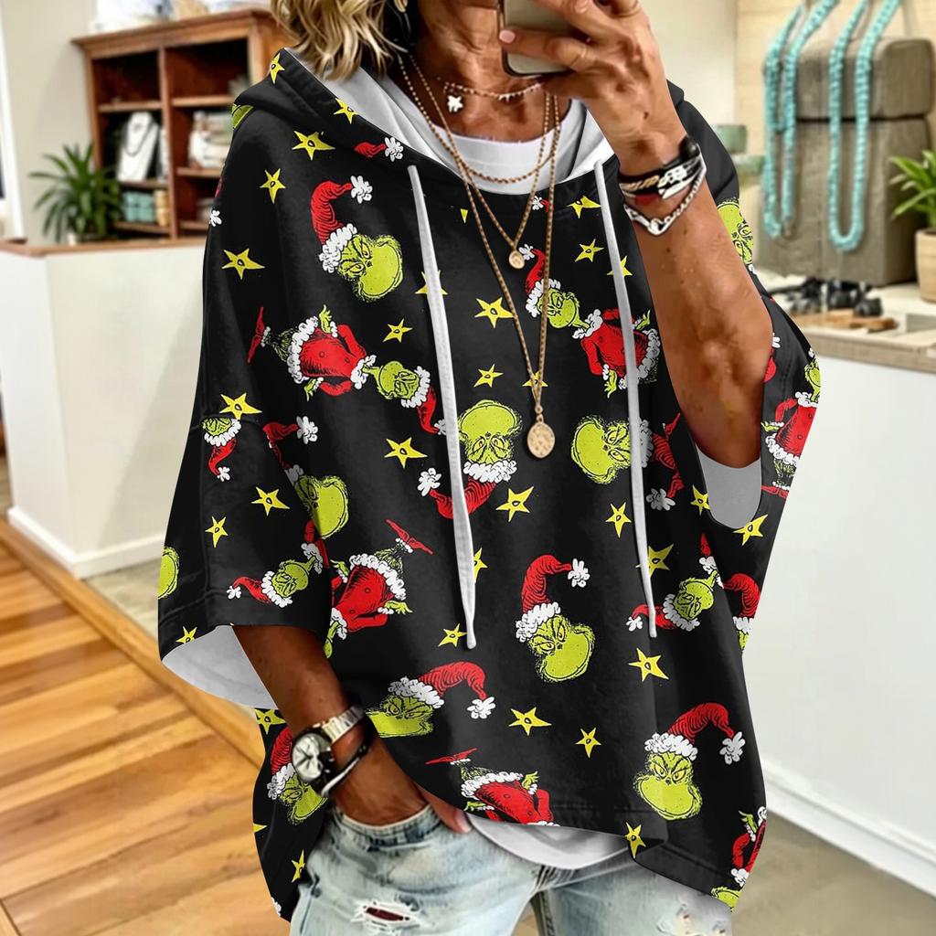 Women's Christmas Print Hooded Sweatshirt with Drawstrings, Loose Fit Casual Pullover Top
