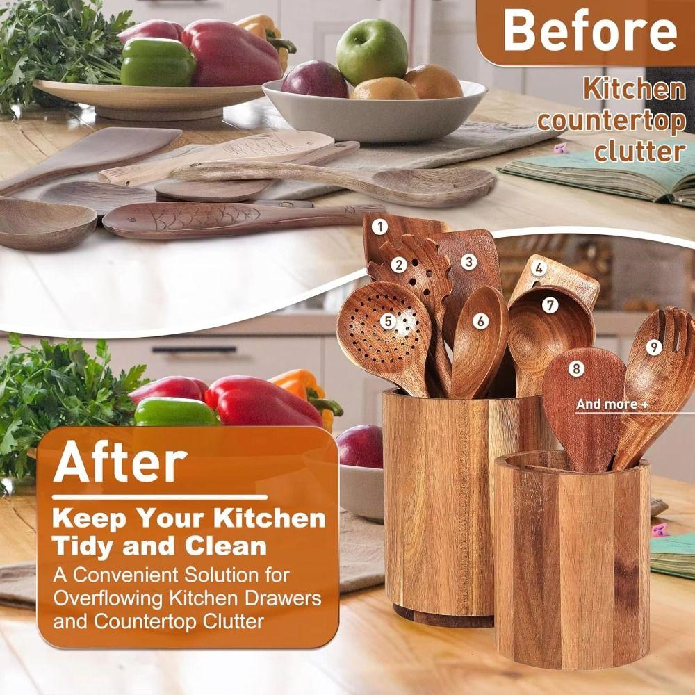 360° Rotatable Cutlery Rack Wooden Large Fork Organizer  for Dining Container