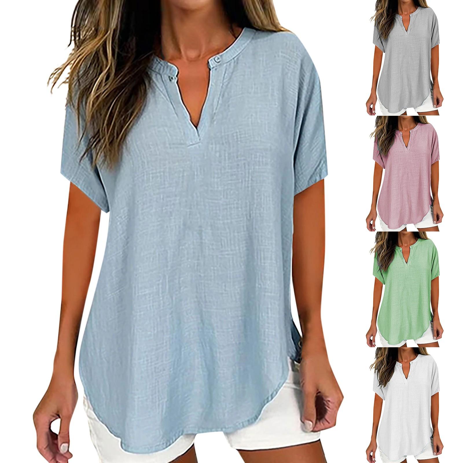 

Женская мода, однотонная весенне-летняя рубашка с v-образным вырезом и короткими рукавами, топы