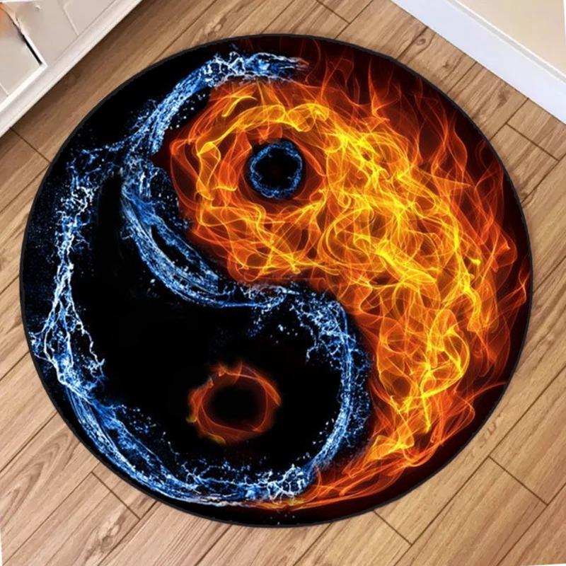 Water Fire Tai Chi Diagram Round Rug Non-Slip Wear-resistant Circle Carpet for Living Room Bedroom Soft Floor Mat Home Decor