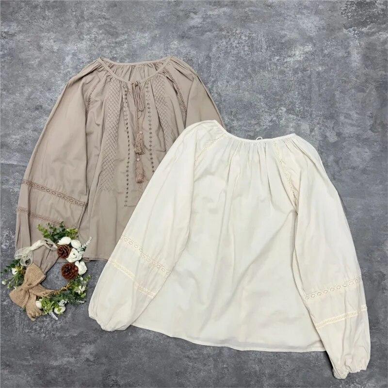 Johnature Frühling Sommer Aushöhlen Casual Frauen Tops Vintage Mori Lose O-ansatz Quaste Einfache Feste Farbe Weibliche Blusen