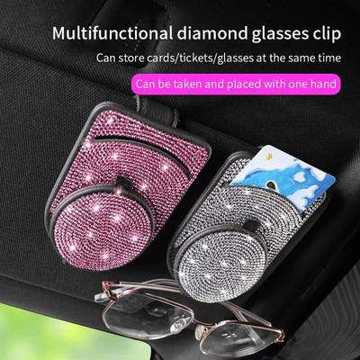 Diamond Leather Car Sun Visor Glasses Case Holder Sunglasses Clip Mount Multifunction Portable Clip Auto Interior Accessories