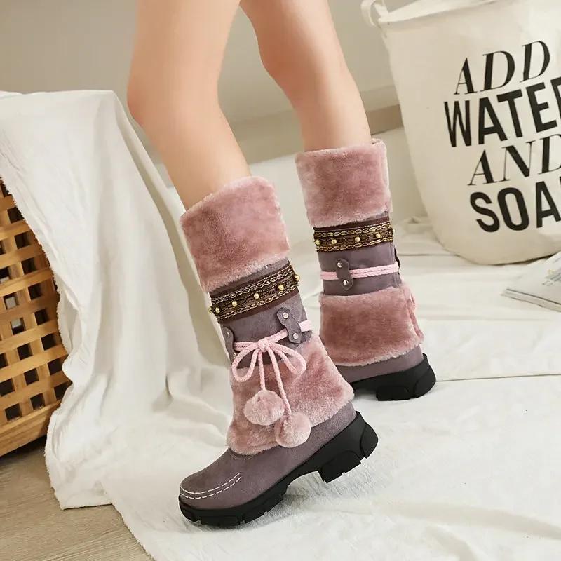 Mujer New Women Boot 2024 Winter New Medium Heel Cotton Boots Wool Ball Tall Boot Warm Student Snow Boots National Knight Boots