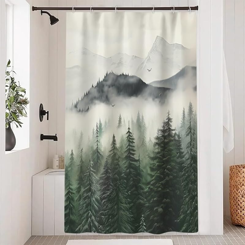 Mountain Shower Curtain, Navy Blue Misty Forest Shower Curtain Set Waterproof Nature Scenery Bathroom Decor with Hooks, 72x72 Inch