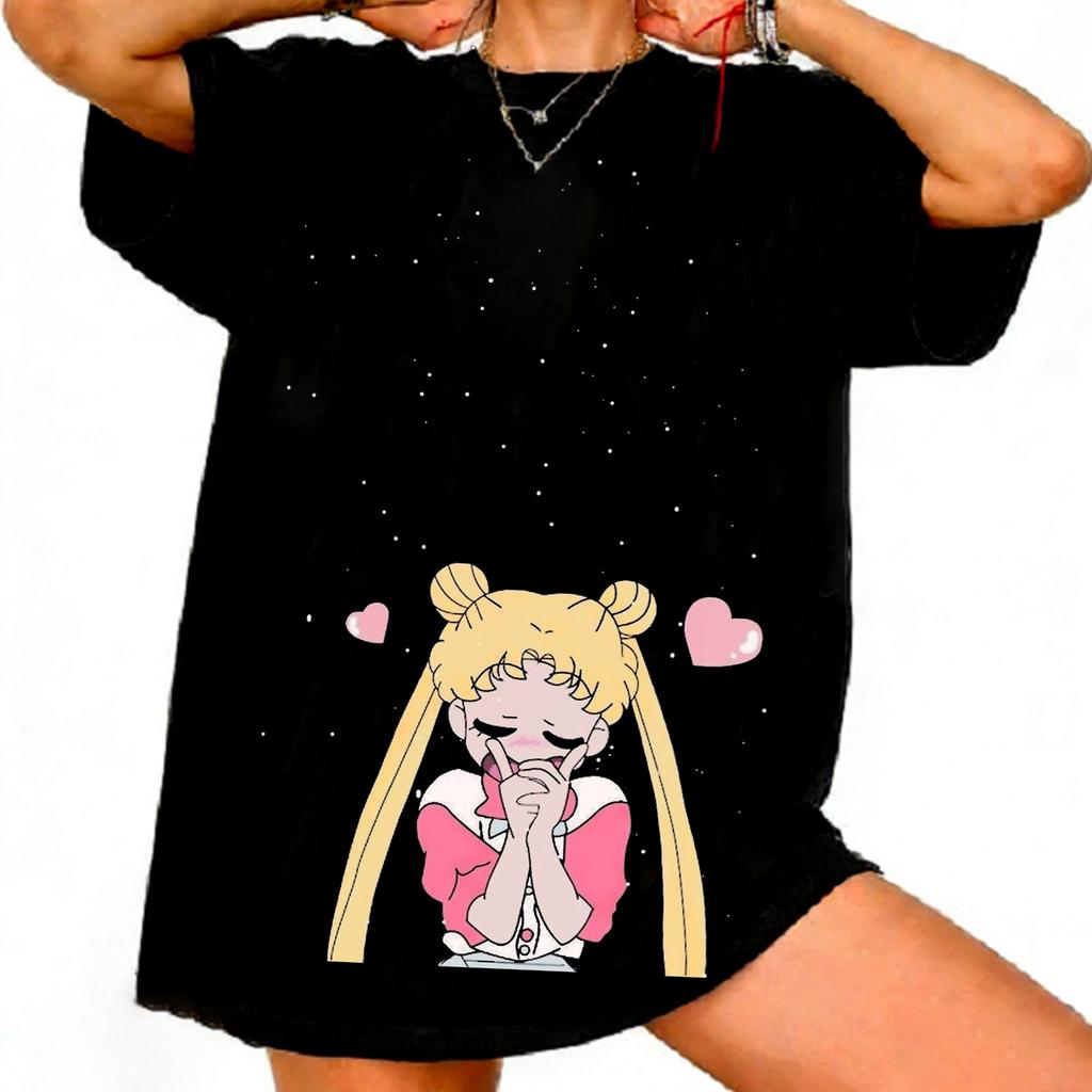 Sailor Moon Retro 90er Anime Grafik T-Shirt Sommer Baumwolle Unisex Damen Tee Streetwear Lässig Trend Kurzarm Paar Hip Hop Oberteil
