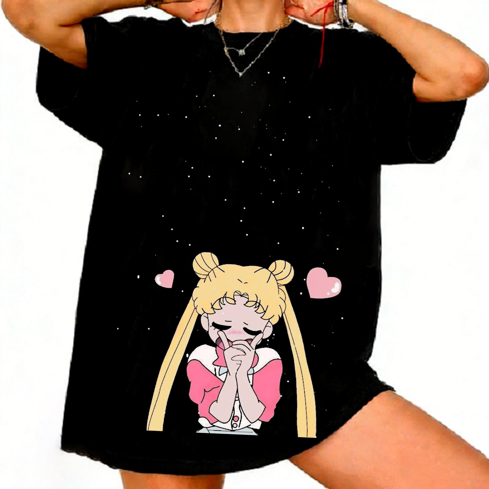 

Summer2026Sailor Moon Silhouette Style Sweet and Cool 100 Pure Cotton Printed Loose Tshirt for Unisex and Women Parentchild Top 4XL