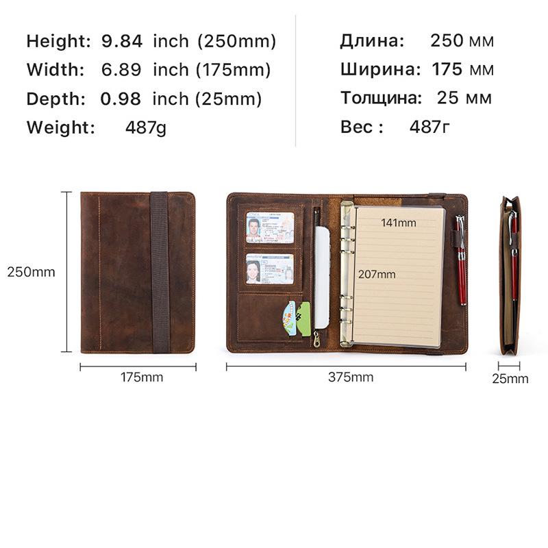 A5 Crazy Horse Leather 6-Hole Binder Notebook Cover for Study & Office, Multifunctional Genuine Leather Journal Cover
