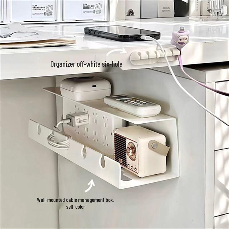 Under-Desk Cable Organizer & Power Strip Storage Box - No-Drill Data Cable Holder & Shelf