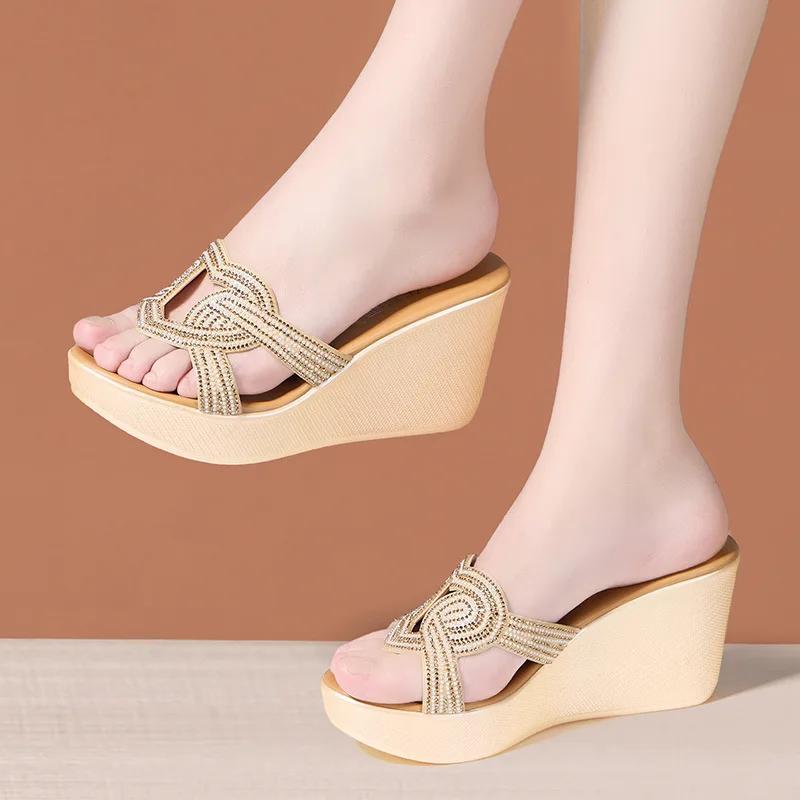 

8cm Breathable Comfortable Chunky Platform Shoes Rhinestone Heart Slippers 2025 Summer High Heels Wedges Slides Office Mom 34