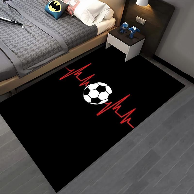Soccer Ball with Red Heartbeat Line Pattern Black Carpet Rug Suitable for use as an anti-slip for living room bedroom sofas