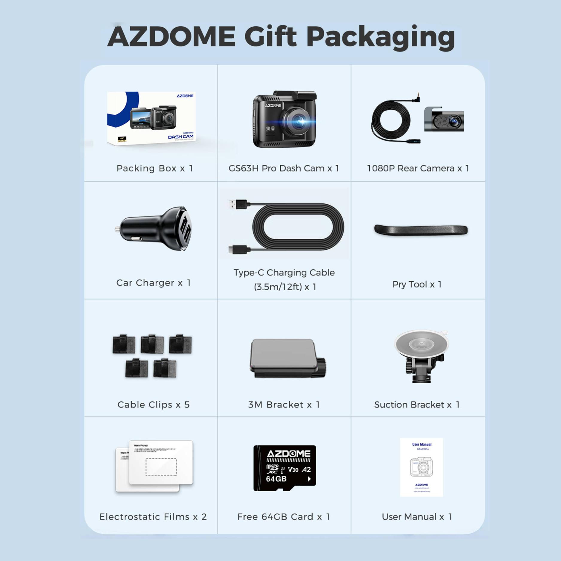 

Автомобільний відеореєстратор AZDOME GS63H Pro спереду та ззаду 4K+1080P Відеореєстратор з подвійною камерою 2,4-дюймовий екран із нічним баченням WDR Wi-Fi GPS 24-годинний режим паркування Реєстратор