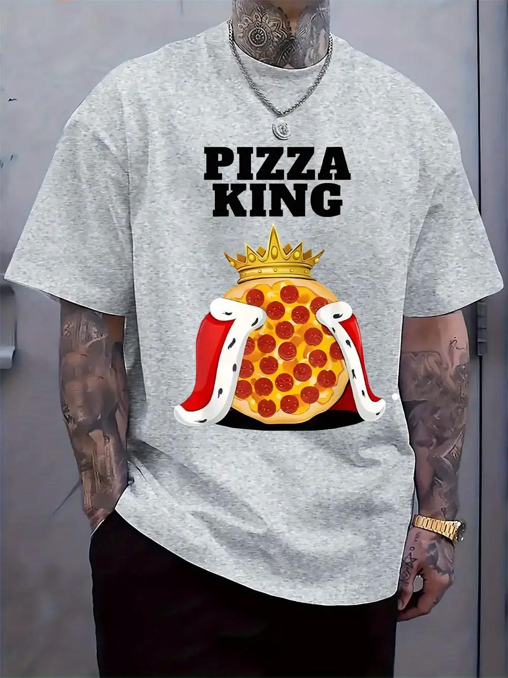 Pizza King Graphic Tee - Black Casual Crew Neck Short Sleeve T-shirt with Crowned Pizza Design XXXXL