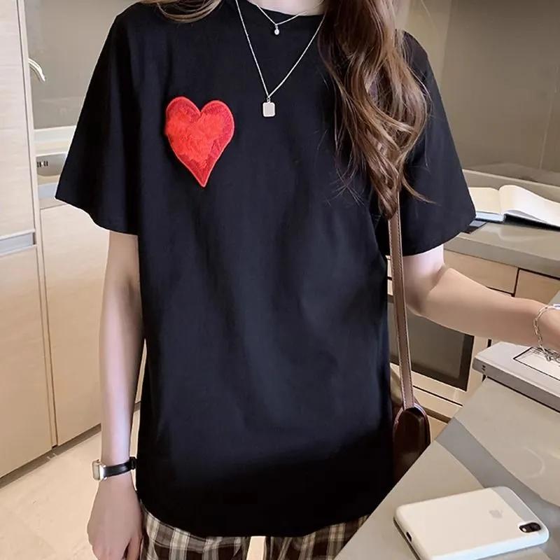 Damen-Freizeit-T-Shirt mit besticktem Herz, Rundhalsausschnitt und kurzen Ärmeln
