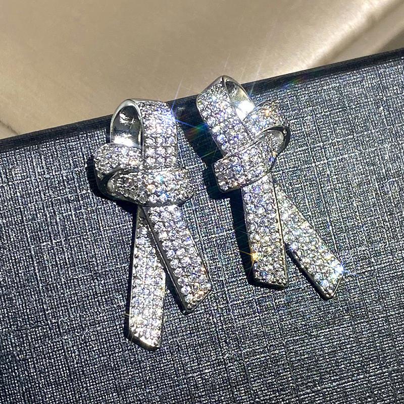 925 Sterling Silver Bow Stud Earrings for Women Sparkling Crystal Cubic Zirconia Temperament Accessories Female Jewelry