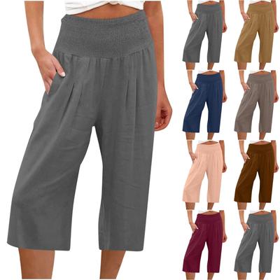 Women's Solid Color Casual Elastic High Waist Solid Color Seven-Point Pants With Pockets