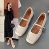 French Retro Square Head Shallow Mouth Single Shoes Women's New Spring Retro Splicing One-word Buckle Mary Jane with Skirt