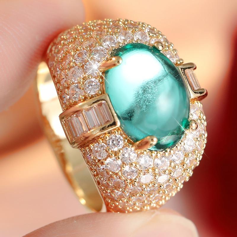 Luxury Inlaid White Green CZ Women's Ring Dazzling Gold Color Geometry Daily Wear Party Jewelry Anniversary Gift