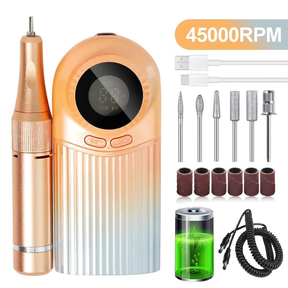 New 45000RPM Electric Portable Nail Drill Machine Rechargeable Low Noise Professional Nail Sander File for Manicure Salon Tool
