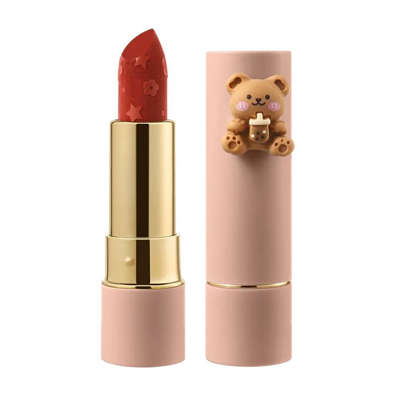 Pretty Beauty Milk Tea Bear Velvet Lipstick Matte Finish Natural Look Whitening Student Lipstick Non-Fading Waterproof Non-Stick Cup