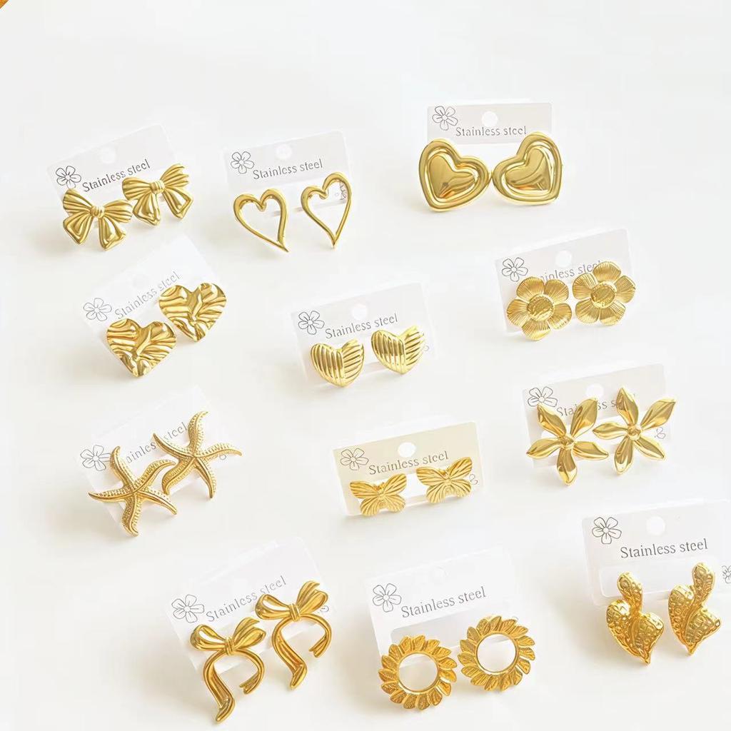 2-8 Pairs 18k Gold Plated Stainless Steel Love Statement Heart Bow Flower Water Droplets Shaped Classic Multi-Style Stud Earring